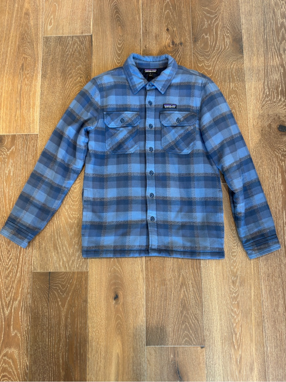 Patagonia Men’s Insulated Fjord Flannel Jacket Blue Plaid Overshirt Small
